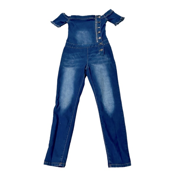 VIP Jeans Moto Stretch Jumpsuit off shoulder with side zip button size 9 - Picture 7 of 7